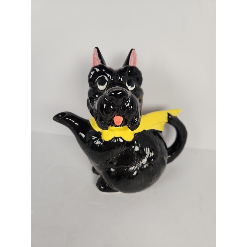 Vtg 1950s Norcrest Japan Black Scottie Dog Teapot 7670 Yellow Bow Ceramic Rare